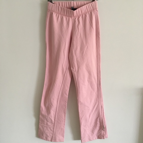 90s Baby pink stretch cotton track pants with zippered ankle slits. - Picture 2 of 7